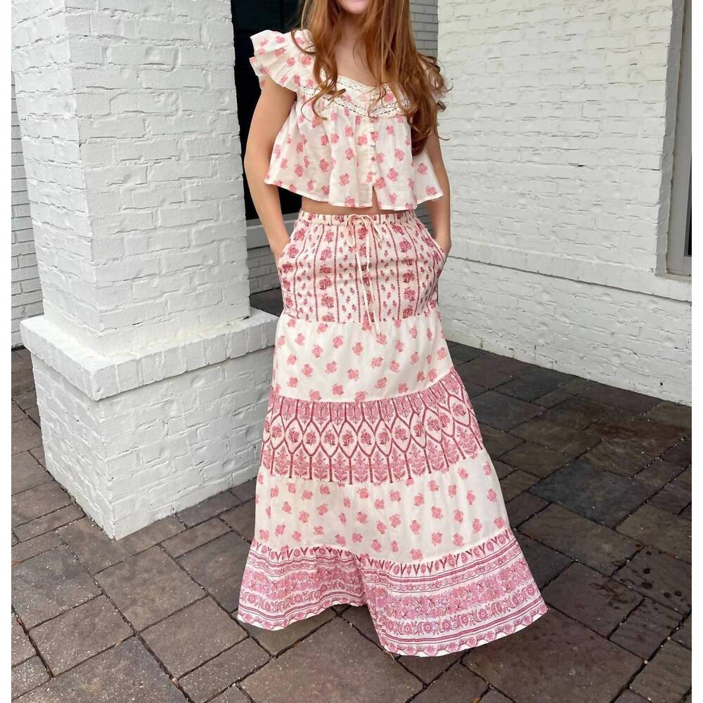NEW BILA77 lotus multi print maxi skirt in pink pearl